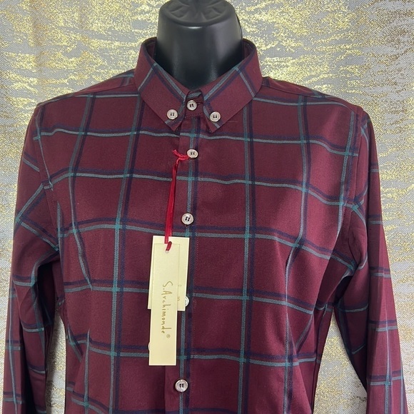 S.Archimonde Burgundy/Blue Flannel Button Up Shirt Size L - Picture 4 of 15